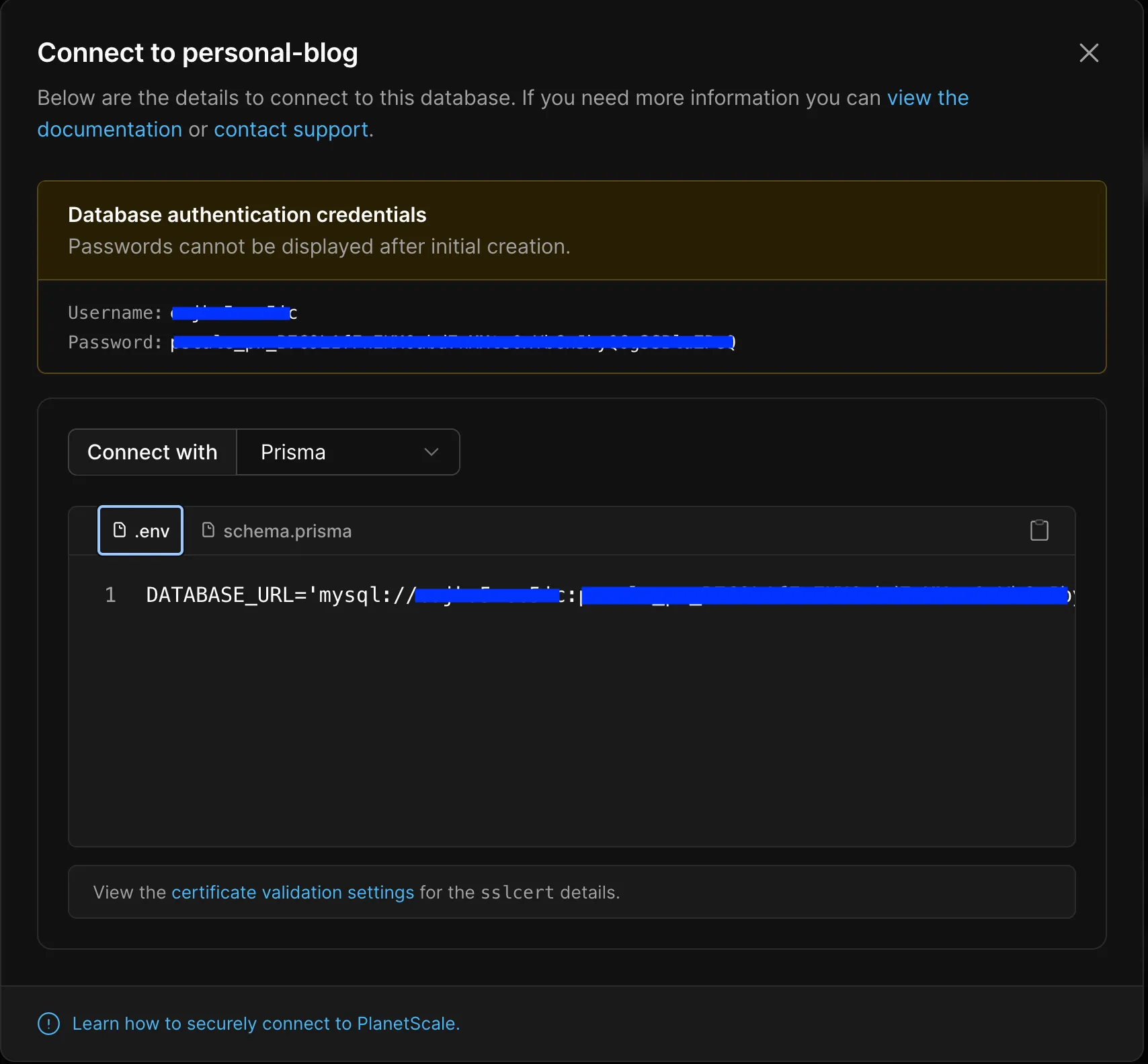 PlanetScale your generated password